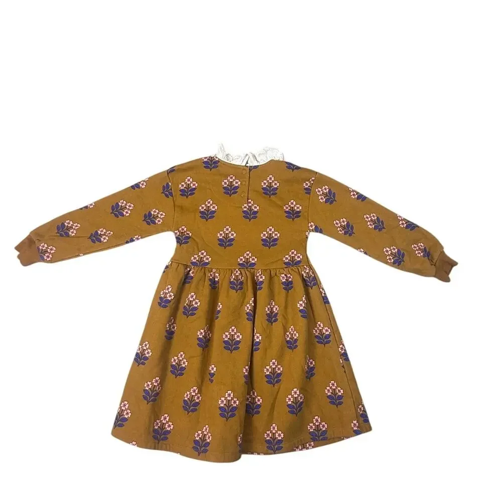 Mini Boden Girls Mustard Yellow Floral Dress Frilled Collar Long Sleeve Size 6-7